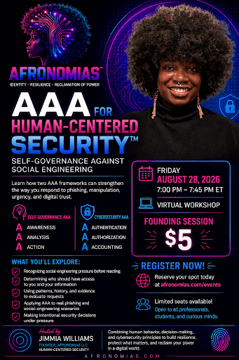 AAA for Human-Centered Security founding session flyer with Jimmia Williams and workshop details