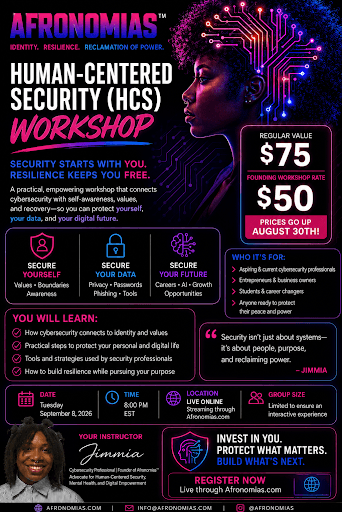 Afronomias Guardian Field Manual flyer featuring a cybernetic profile and human security concepts
